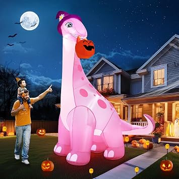 zukakii 13FT Giant Halloween Inflatables Decorations Outdoor Pink Dinosaur, Huge Halloween Blow Up Yard Decorations Dino with Large Pumpkin Witch Hat Build-in LED Light Strong Blower for Party Lawn