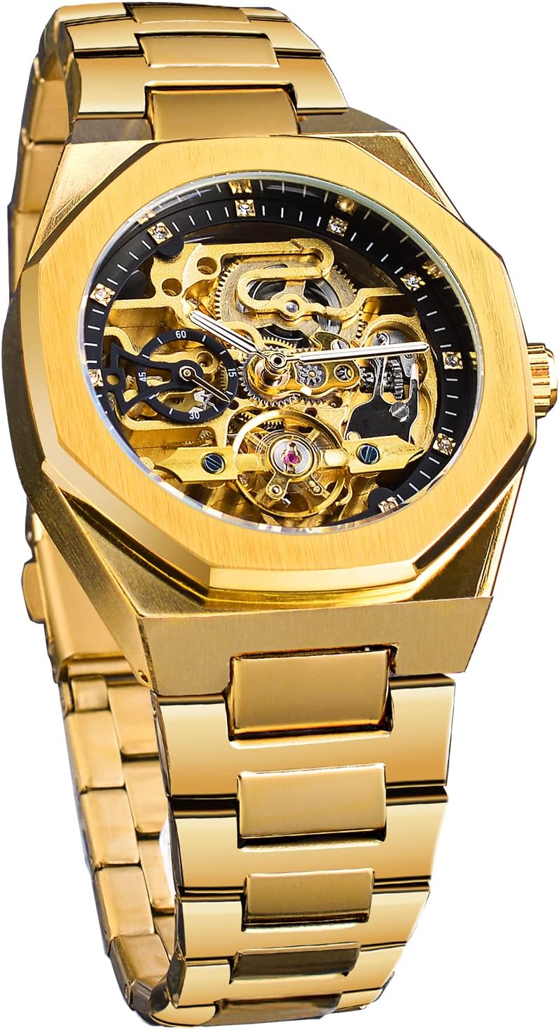 Automatic Watch Mechanical Wrist Watch for Men Octagonal Waterproof Skeleton Watches Luxury Diamond Tourbillon Silver Stainless Steel Band