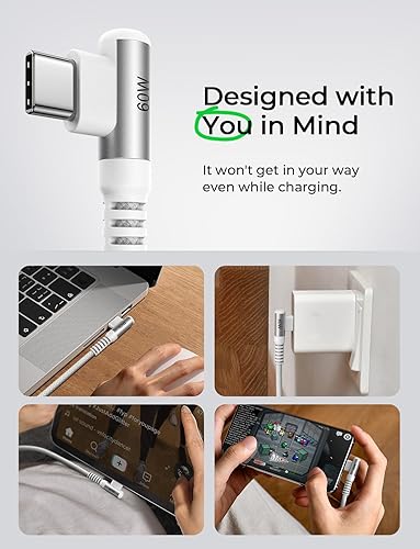 Miniatura 2 de LISEN Cable USBC a USBCPaquete de 2 cables de 6.6 pies Cable de carga USB C, USB C a USB C, cable de carga C en ángulo recto de 60 W, carga rápida