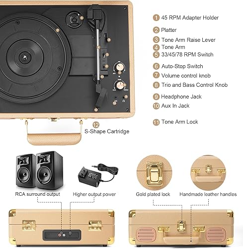 Miniatura 11 de Tocadiscos Bluetooth vintage, tocadiscos portátil de 3 velocidades con altavoces estéreo de graves integrados, fonógrafo de vinilo accionado por
