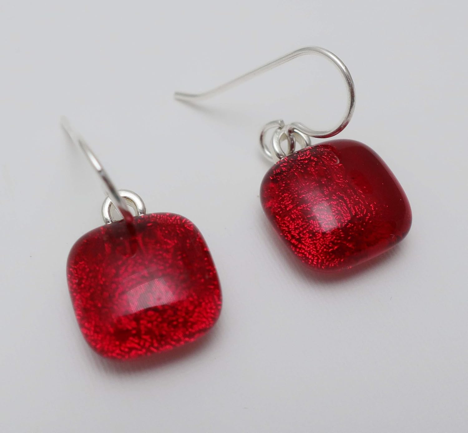 Mini Fused Bright Red Dichroic Glass Square Drop Sterling Silver Earrings N210