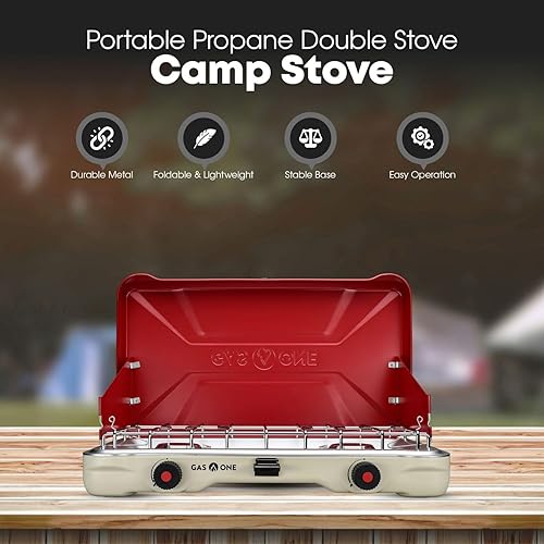 Miniatura 2 de GasOne - Estufa portátil de campamento – Estufa de propano doble con encendido automático de giro – 22,000 BTU con 2 quemadores y protector contra