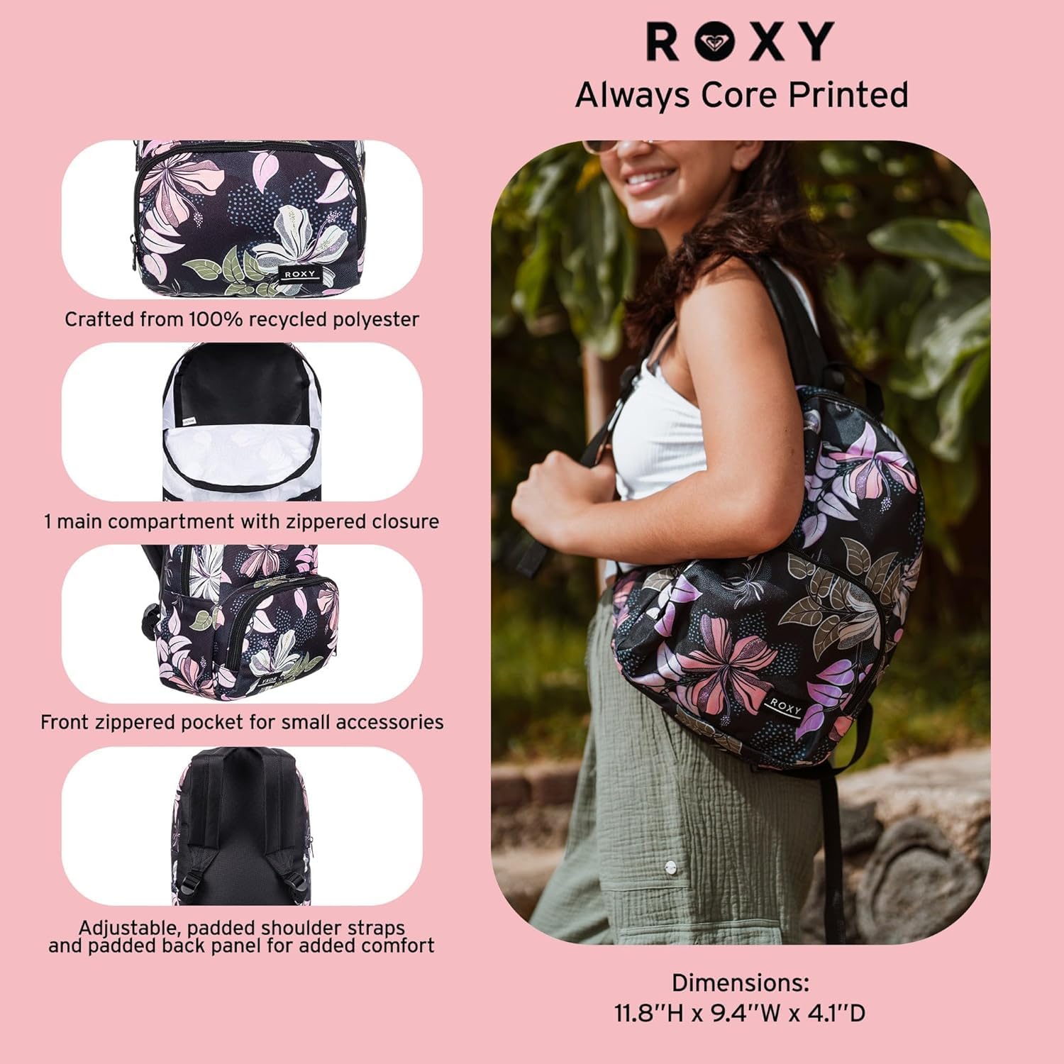 Roxy Women's Always Core Backpack | Travel | Everyday Carry | Beach | Polyester | 8L Capacity - Anthracite Sunny Floral Swim - Image 3