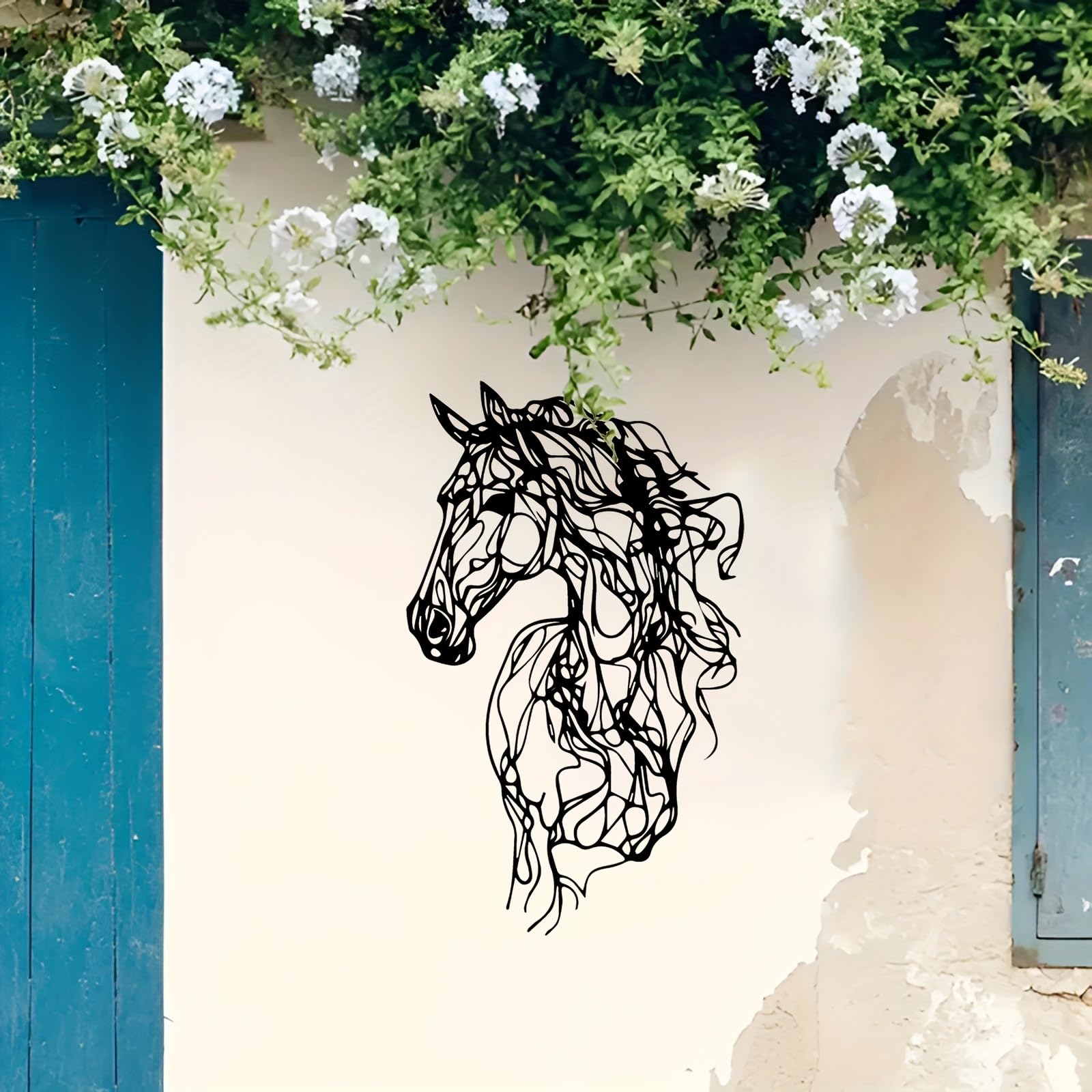 Decoración de pared abstracta contemporánea de metal con forma de caballo: escultura moderna de hierro con diseño, para interiores y exteriores, ideal para jardín, sala de estar, oficina o Navida
