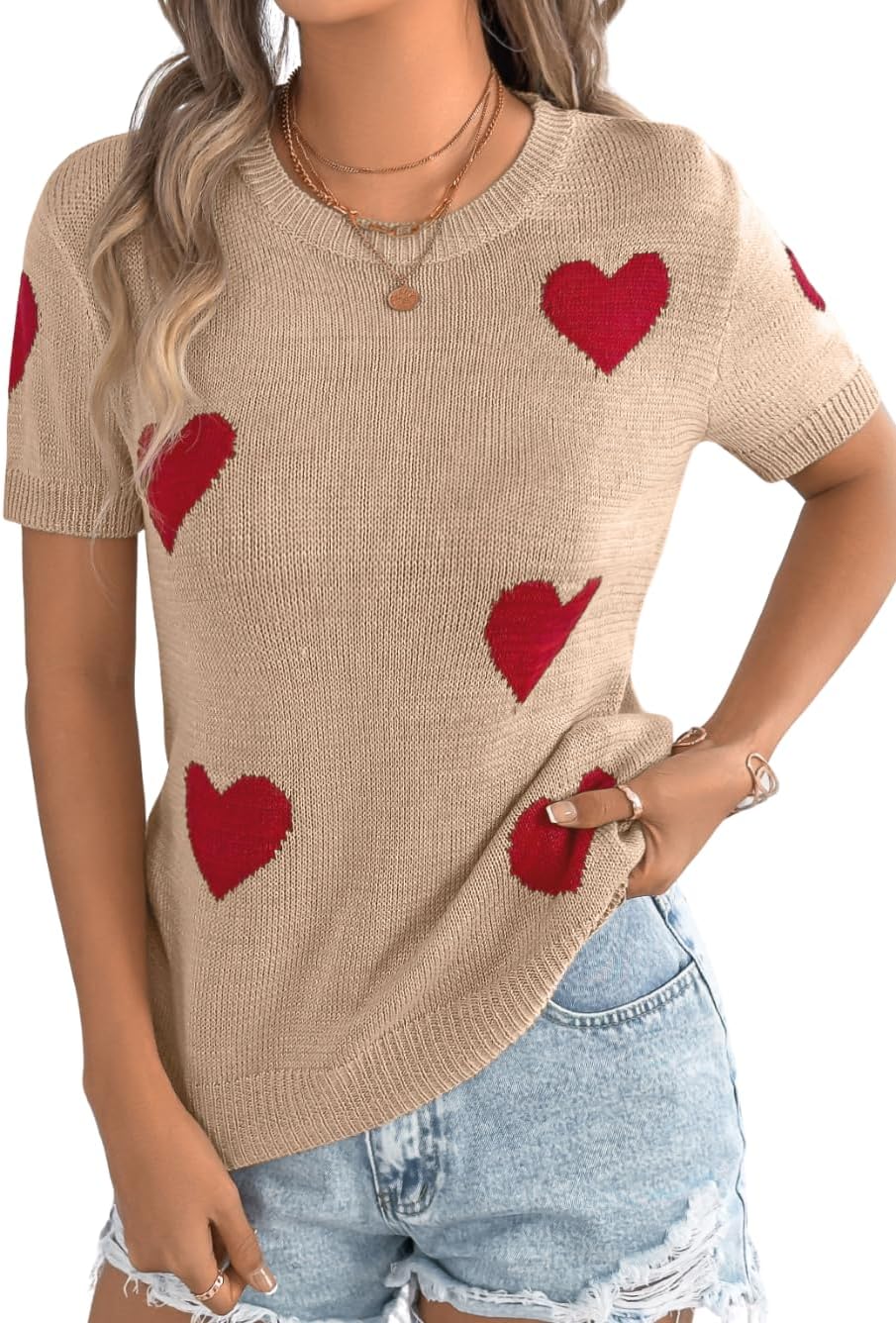 Kaei&Shi Heart Short Sleeve Sweater,Summer Sweaters for Women Lightweight,Dressy Casual Valentines Knit Tops