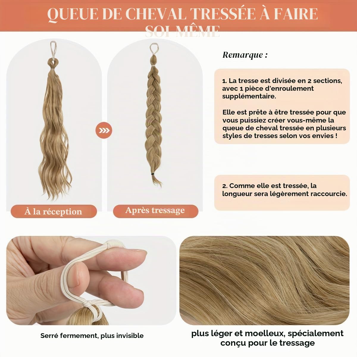 2-teilige geflochtene Perücke, postiche avec élastiques ondulés et bouclés, chignon synthétique et queue de cheval, extensions de cheveux, postiche épais pour femmes（Ash Blonde）