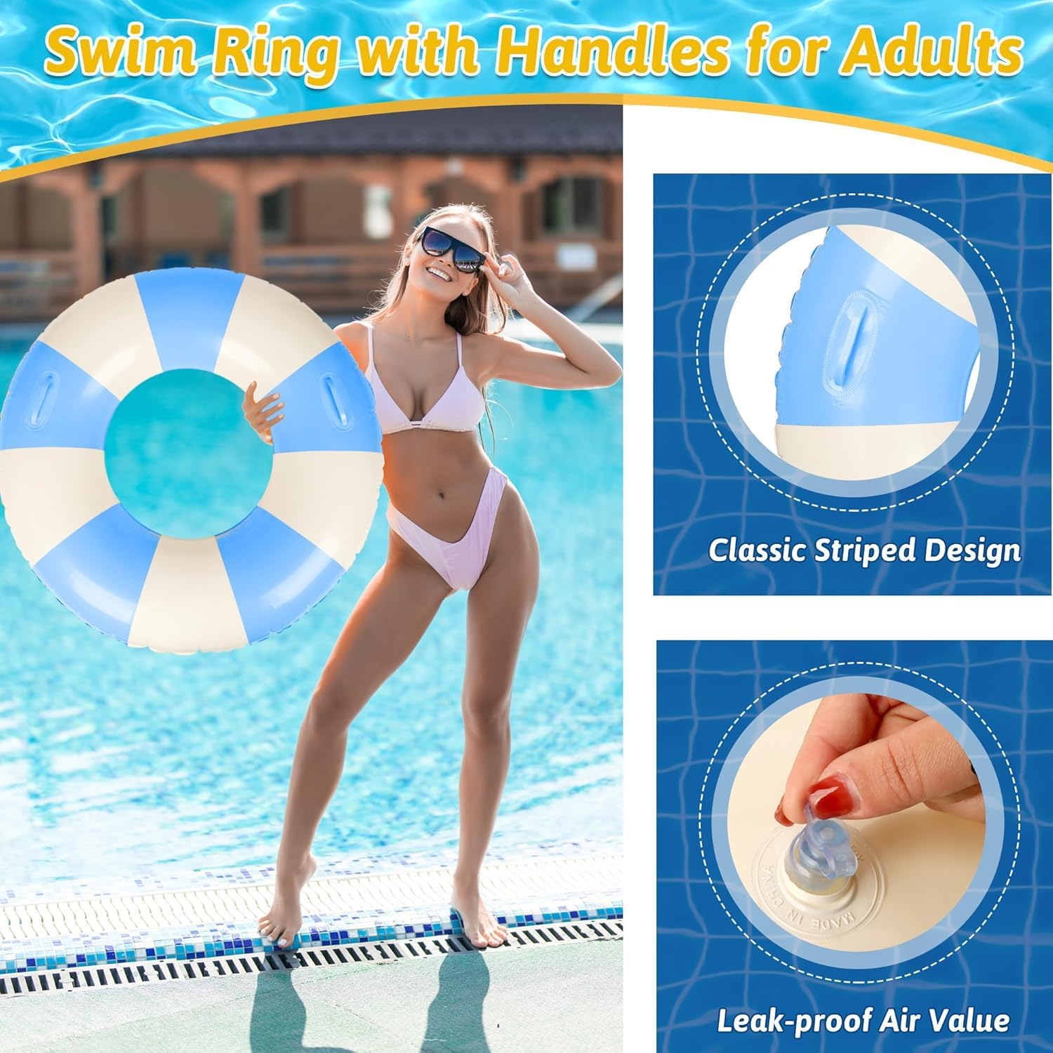 Inflatable Pool Floats for Adults- 2 Pack Striped Floaties Pool Tubes Swim Rings with Handles Inflatable Pool Float for Swimming Pool Party Lake Beach Adults