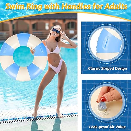 Miniatura 6 de Flotadores inflables de piscina para adultos, paquete de 2 flotadores a rayas, tubos de piscina, anillos de natación con asas, flotador inflable de