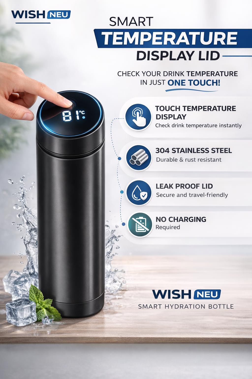 Customised Temperature Water Bottle with Your Name | Stainless Steel Smart Water Bottle with LED Temperature Display | Leakproof | Travel, Kids, Fitness, Sports, Gym, Workout 500ml — Amazon image 3
