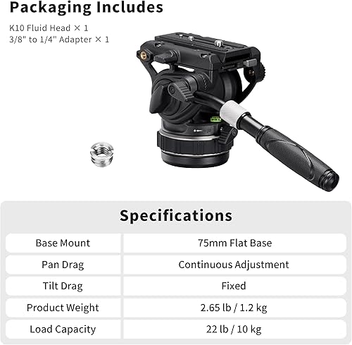 Miniatura 7 de Cayer Cabezal fluido de video K10 Pro con base plana de 2.953 in, arrastre panorámico ajustable y mango telescópico, cabezal fluido de trípode