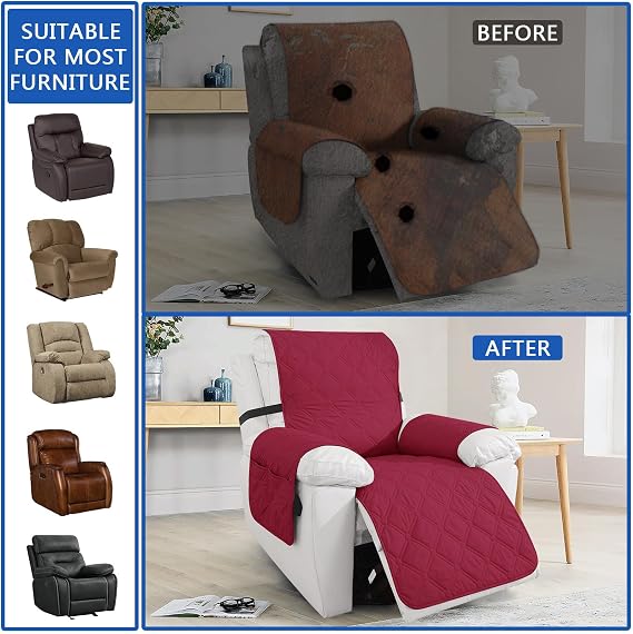 Waterproof Recliner Cover, Non-Slip Recliner Chair Cover with Pockets & Elastic Straps, Washable Quilted Armchair Sofa Cover for Kids Pets Dogs (Red)