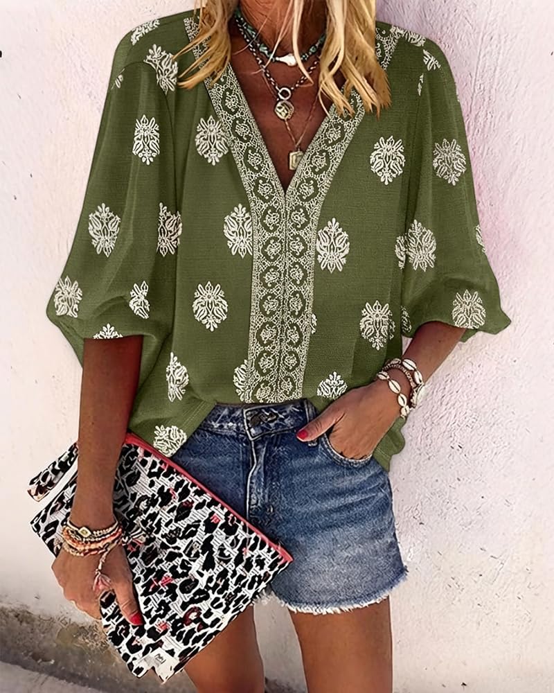 CHICME Women's Casual V Neck Blouse Floral Boho Summer Tops Lantern Sleeve Loose Fit Tunics Flowy Vacation Clothes - Image 5