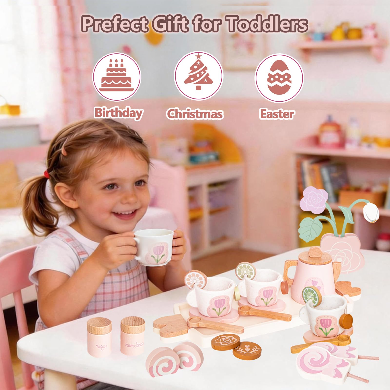 Service à Thé et à Dessert pour Fête de Filles 24PCS, Dinette Enfant en Bois Jouet Fille 3 4 5 Ans Accessoire Cuisine Tout-Petits Bois Jeux de Rôle de Tea Party Cadeau Rose