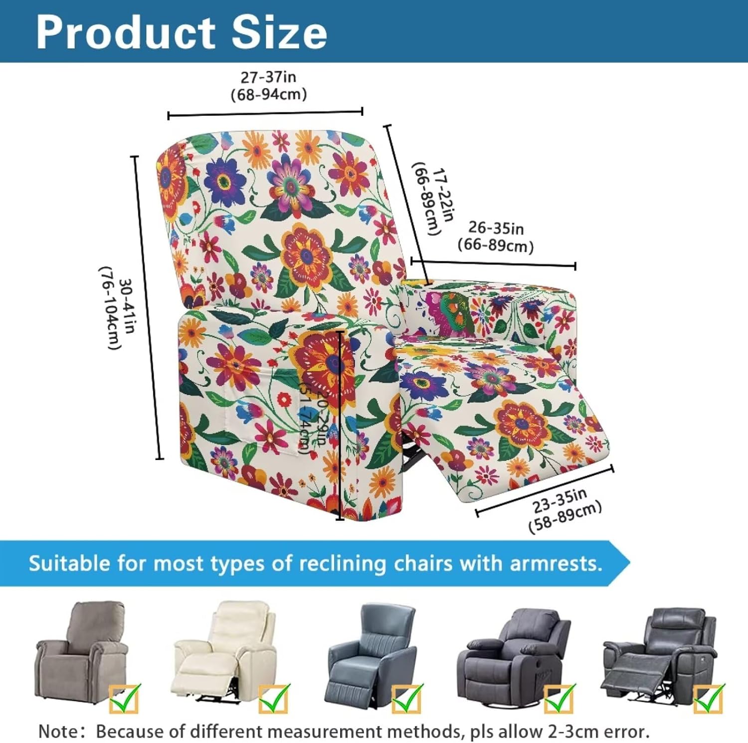 Mexican Floral Pattern Recliner Slipcovers 4 Pieces, Durable Lazyboy Chair Covers Non Single Seater Slip, Reclining Sofa Slip Covers for Recliner Chair with Side Pockets