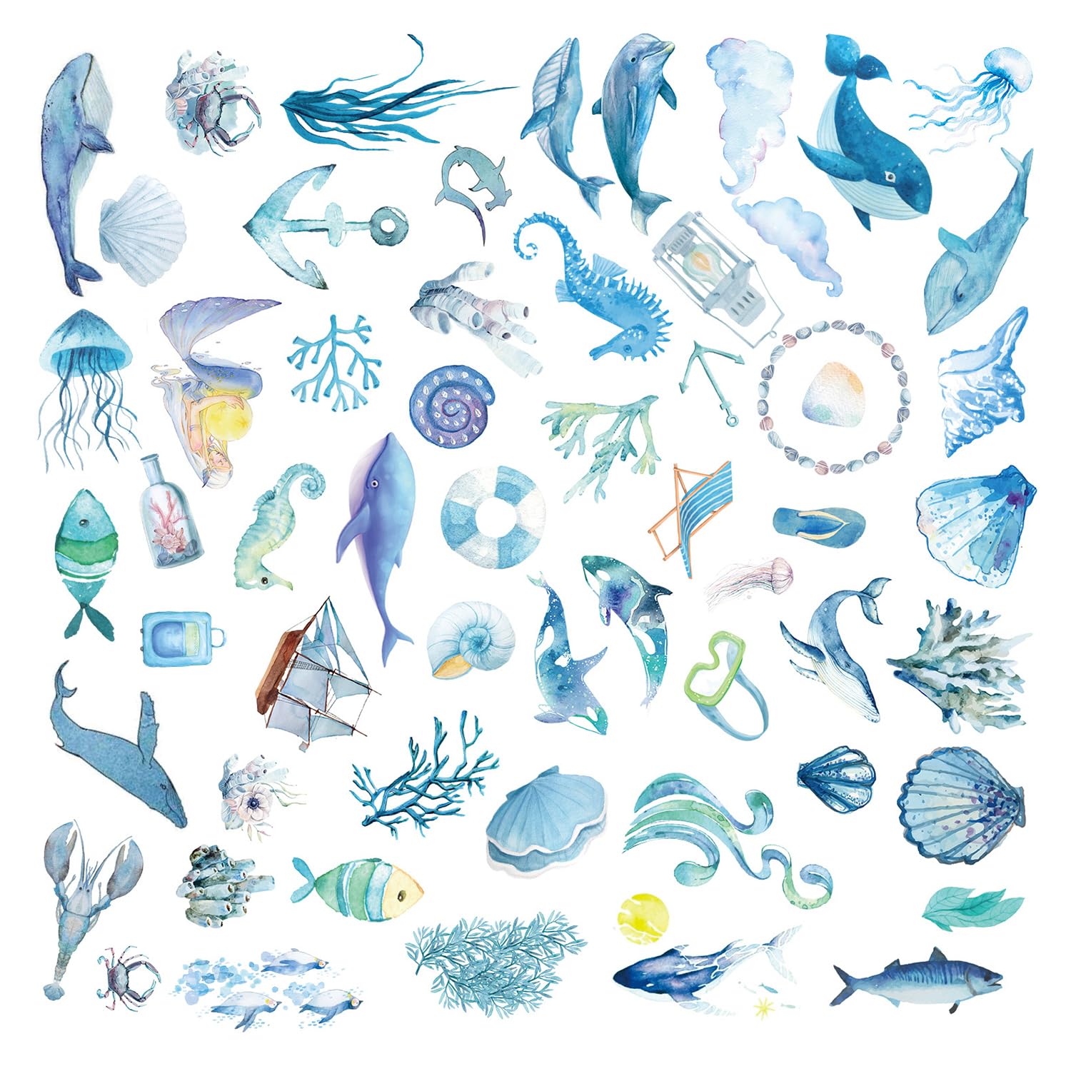 ZBHDEYG 100 pegatinas de animales marinos y plantas, pegatinas de graffiti, pegatinas impermeables del mundo marino, pegatinas azules, decoraciones de animales marinos