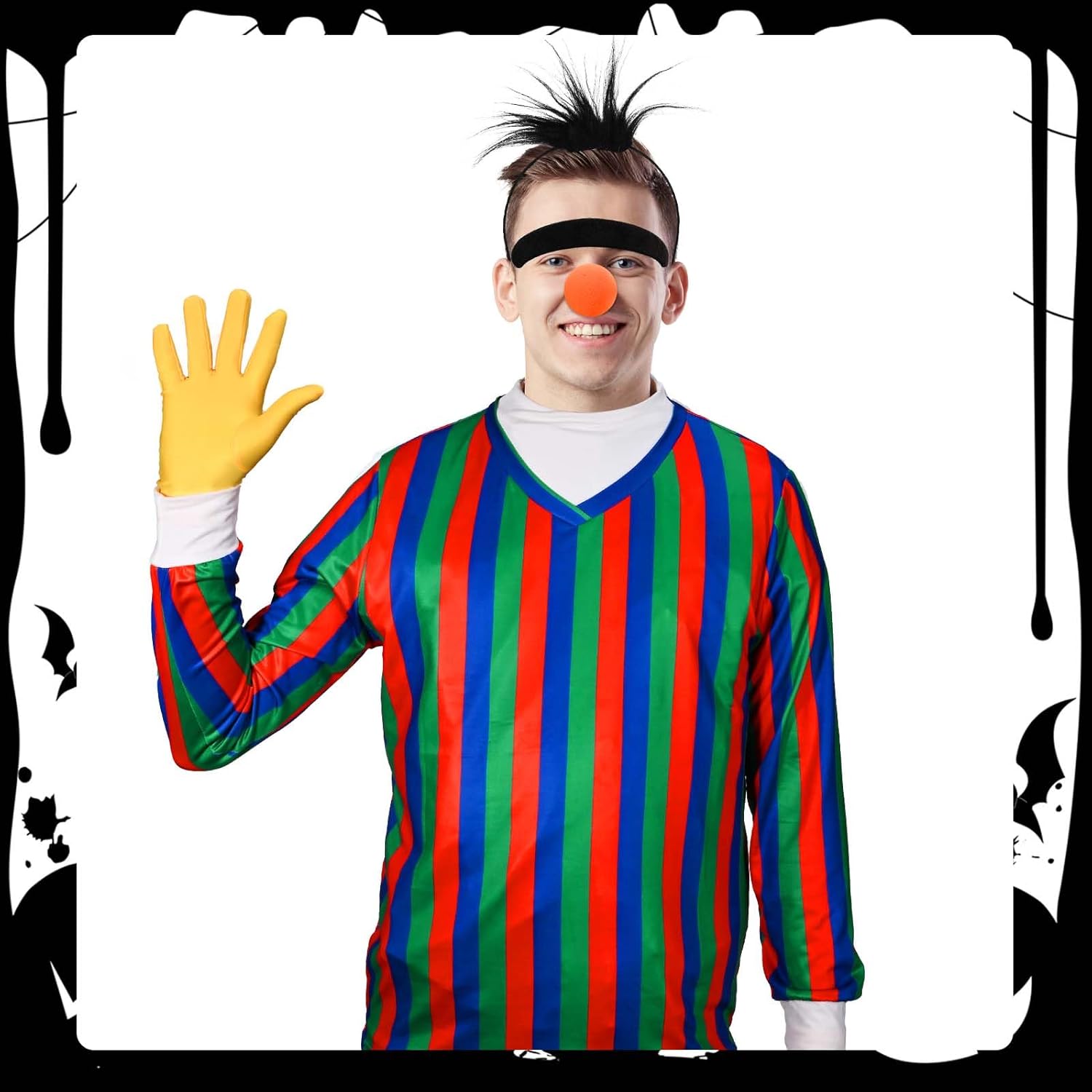 5 Pcs Halloween Costume Set Striped T-Shirt Hairy Headband Yellow Gloves Eyebrows Sponge Nose for Men Cosplay - Image 3