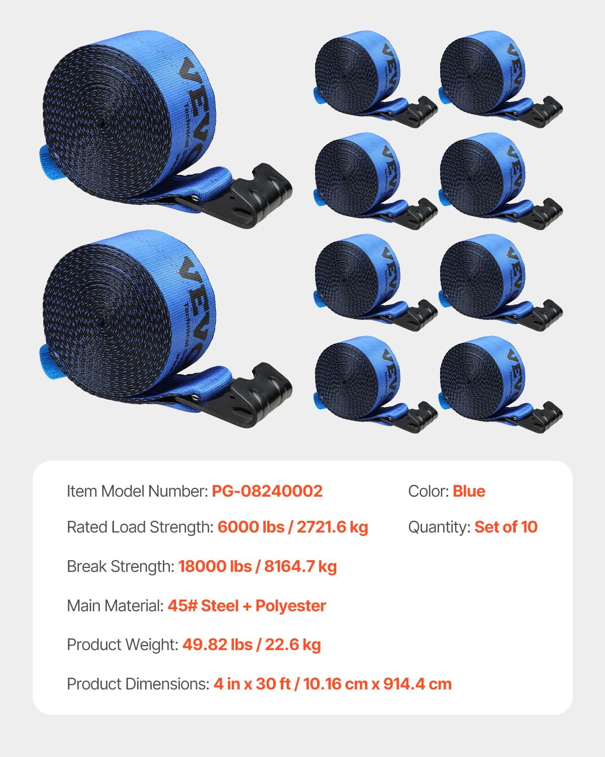 VEVOR Paski do wciągarki, 10 cm x 80 cm, nośność 2,721 kg, wytrzymałość na rozerwanie 8164.7 kg, pasy do ciężarówek z płaskim hakiem, kontrola ładunku do przyczep, gospodarstw rolnych, ratowników,