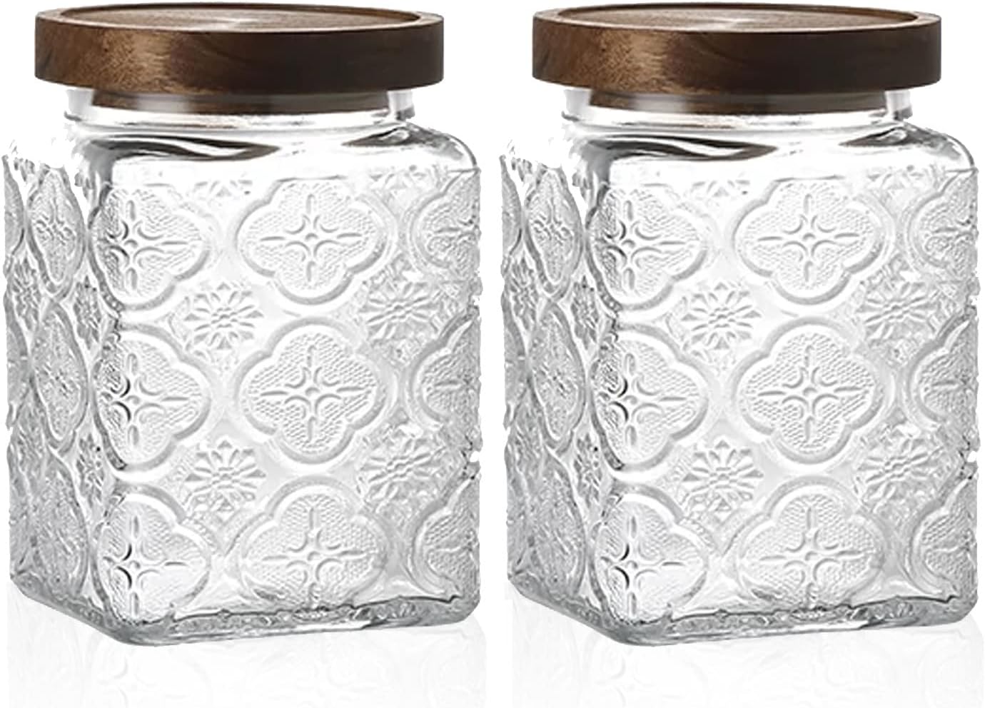 Vintage Glass Airtight Storage Jar Set of 2, With Airtight Wood Lid, Kitchen Food Storage Containers,Suitable for storage Tea leaves,Coffee Beans,dried fruits, cereals, etc(Plum pattern)