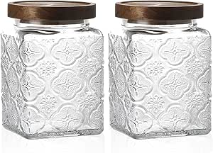 Vintage Glass Airtight Storage Jar Set of 2 with Wooden Lids (Plum Pattern)