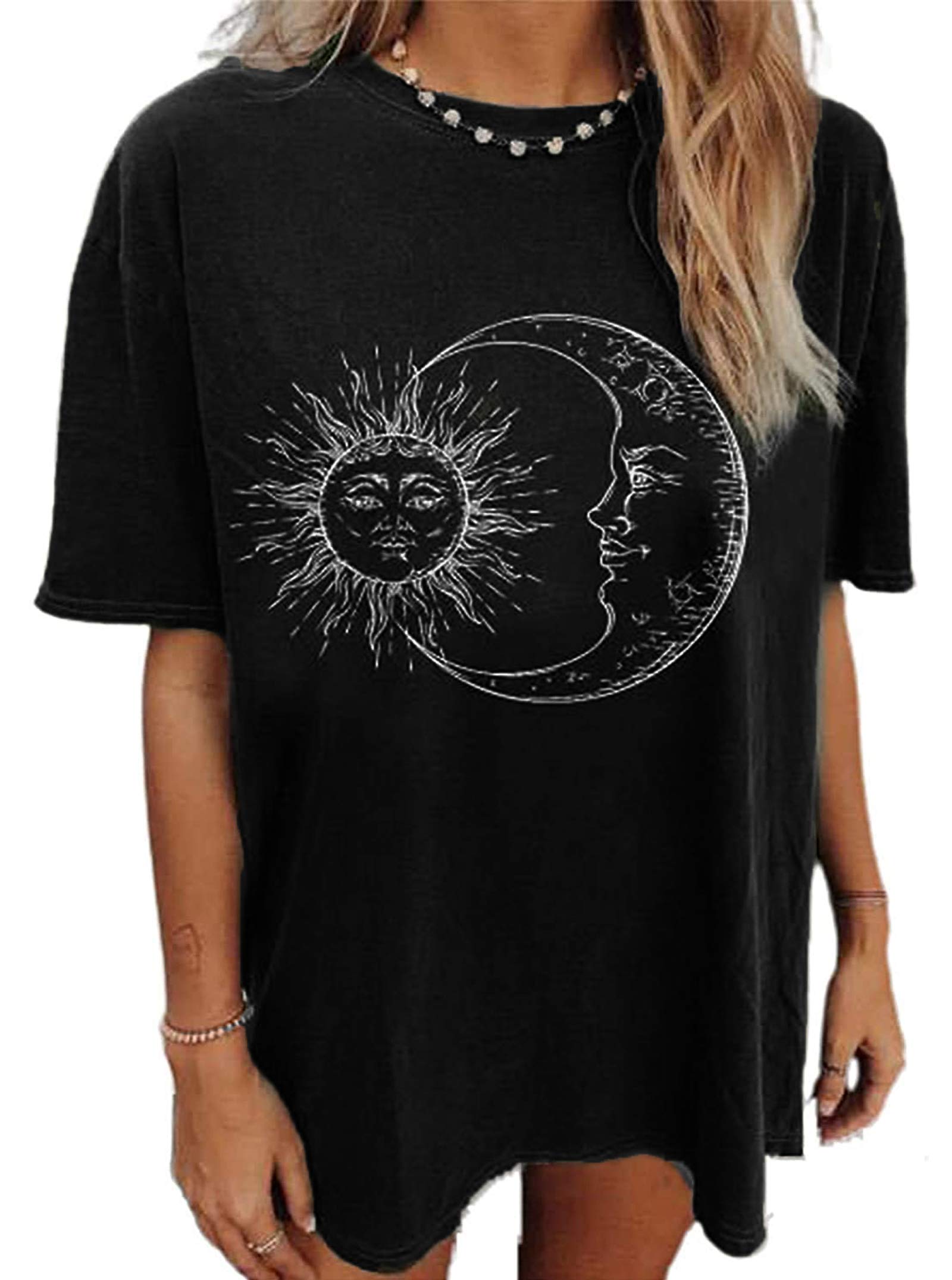 RemidooWomen Sun and Moon Tie Dye T-Shirt Round Neck Short Sleeve Top Casual Funny Cute Teen Girl Tee