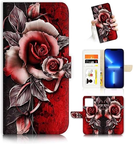 AJOURTEK Funda para iPhone 13 Pro diseño artístico estilo cartera diseño de flores protección de cuerpo completo AD003 24878 rojo gótico rosa i13pro