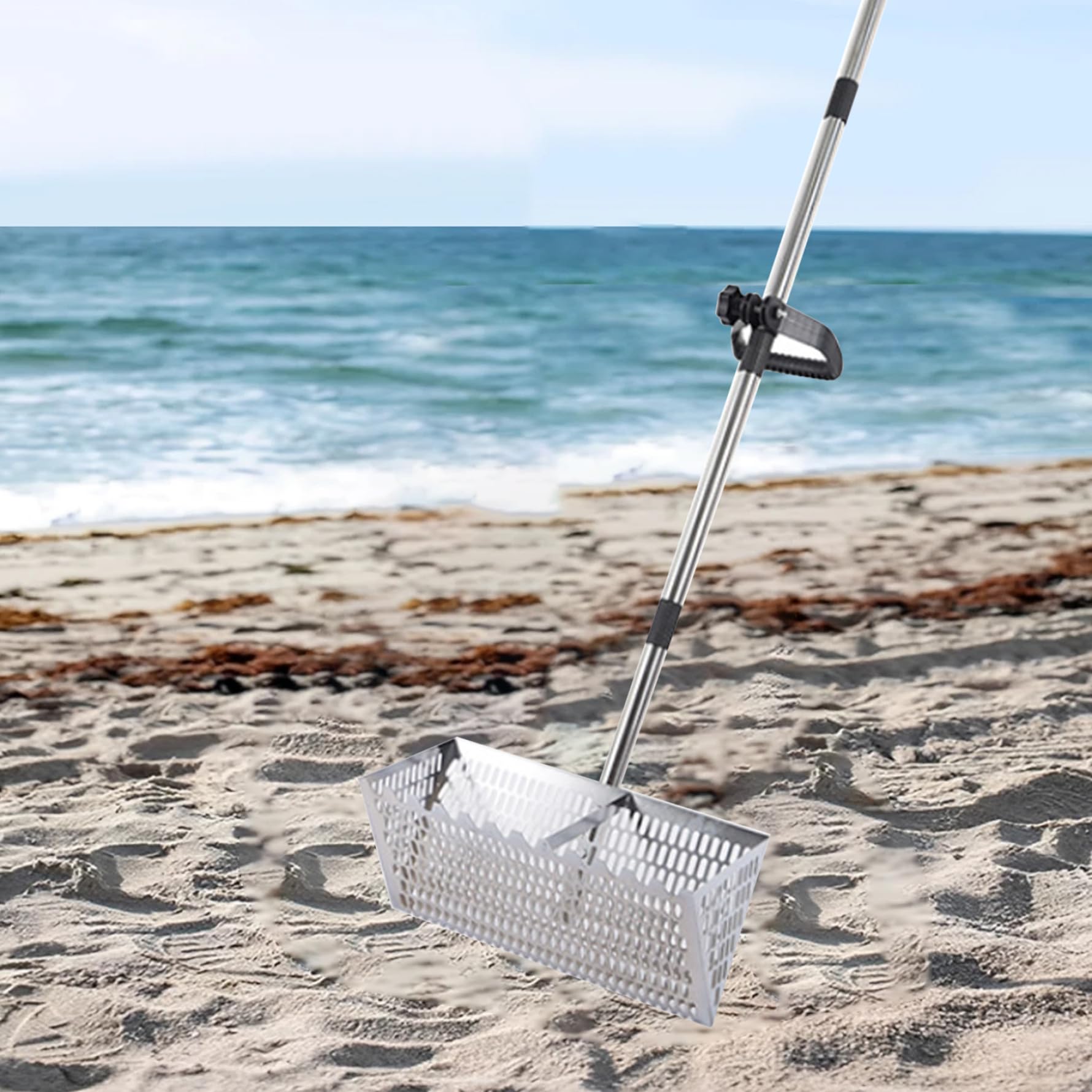 Rake de Arena Hueco de Acero al Carbono de Arena con Dientes romos y tamicador Desmontable de Agarre sin Deslizamiento para jardín de Playa