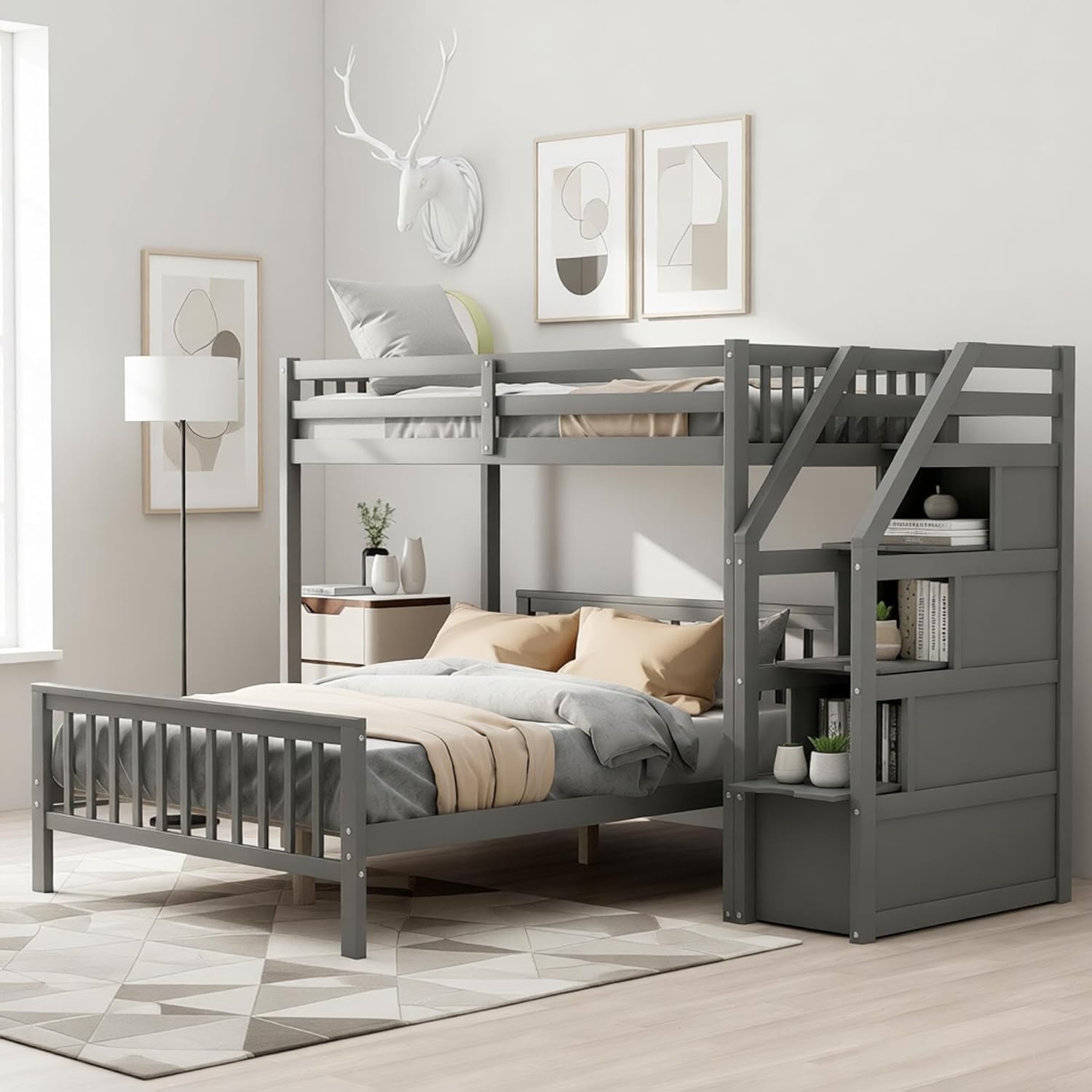 Bellemave Twin Over Full Bunk Bed with Stairs, Solid Wood Bunk Bed with Storage (Gray)