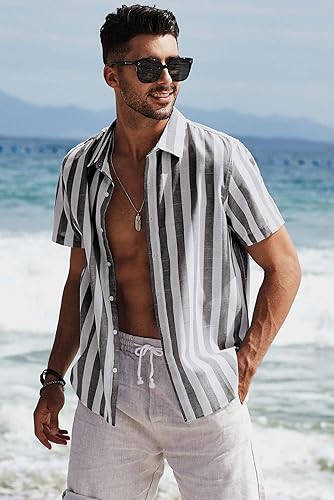 Miniatura 20 de JMIERR Camisas de vestir a rayas con botones y manga corta para hombre