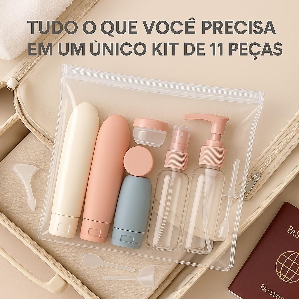 Kit de Viagem 11 Frascos Recarregaveis Para Shampoo Condicionador Sabonete Creme Alcool em Gel Maquiagem e Cosmeticos em Geral – Premium