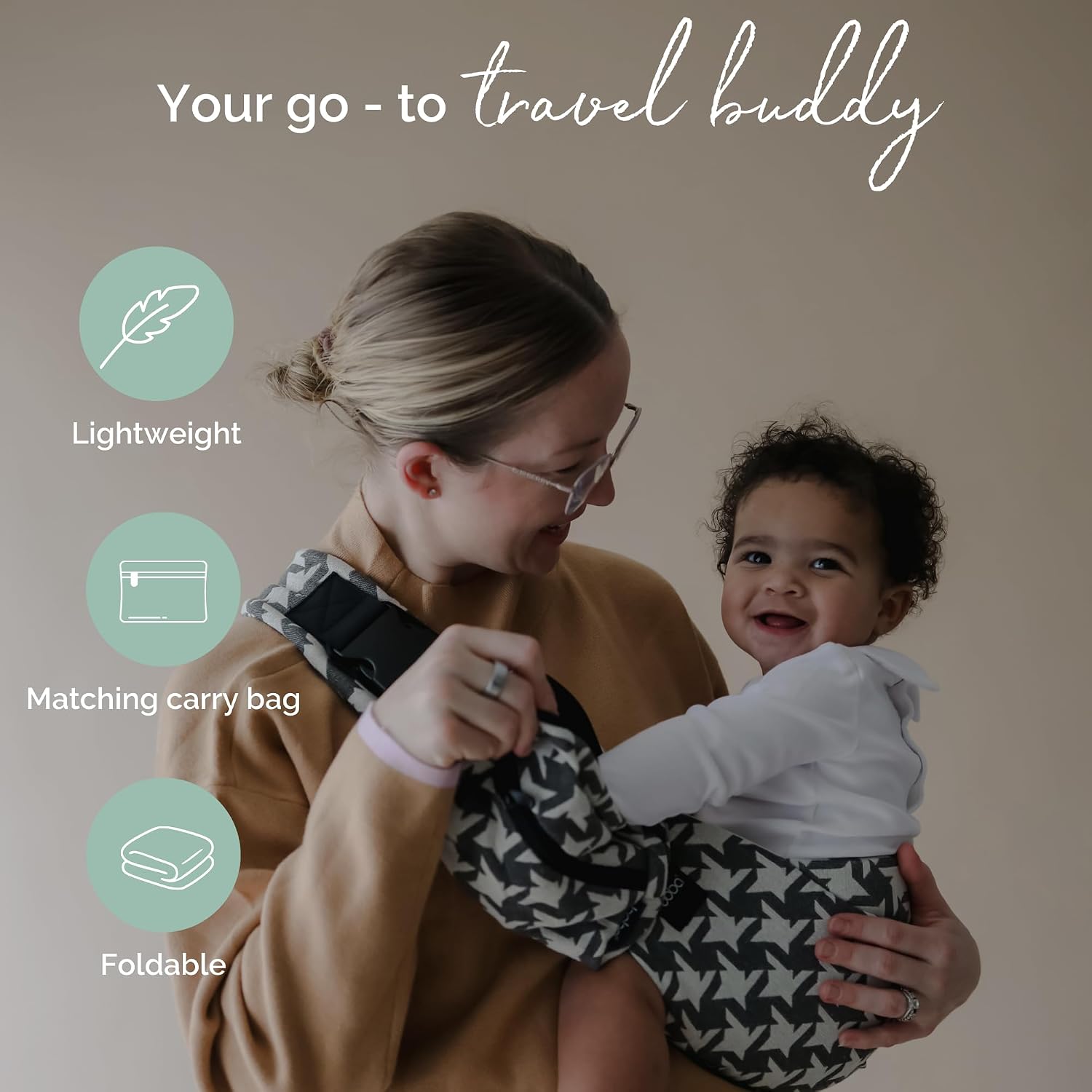 Boba Buddy Toddler Carrier Sling - Houndstooth Jacquard Baby Sling Carrier Toddler, Ergonomic with Padded Straps, Safety Buckle and Roomy Seat, Includes Matching Carry Bag (9–48 Months/18-44 lbs)