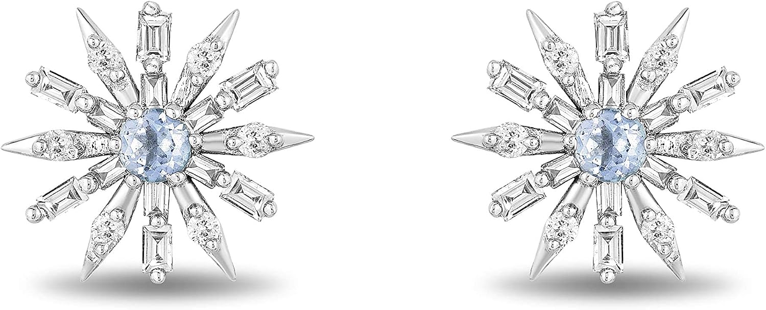 Jewelili Enchanted Disney Fine Jewelry Sterling Silver with 1/3 Cttw Diamonds and Sky Blue Topaz Elsa Snowflake Earrings