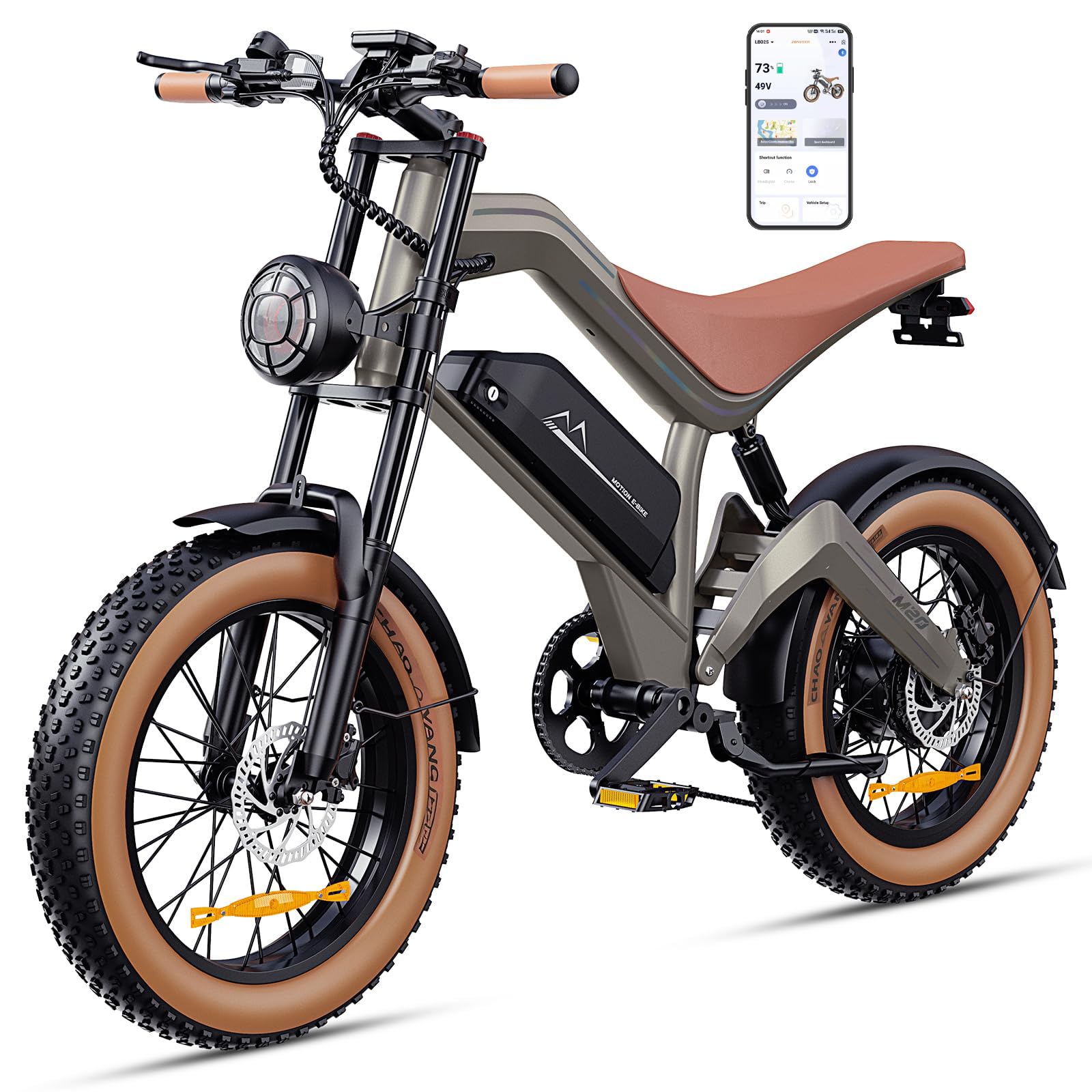 E Bike Herren, 20 * 4.0" All-Terrain Fat Reifen Elektrofahrrad mit 250W 74NM Motor 48V 18.2Ah Akku, mit APP, 25km/h bis zu 100km, 7-Gang Getriebe Scheibenbremse, M20
