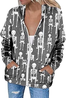 JINGAN White Denim Jacket Womens Women Vest Coat Women Casual Jacket Loose Zipper Hooded Drawstring Jacket Halloween Print Solid Color Pocket Zipper Sweatshirt Jacket Plus Size Jackets for Women
