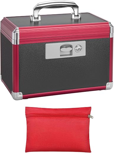 LOCKCURX Medicine Lock Box With Key - 10 x 6 x 6.7 Inches - Black & Red, Red Medicine Pouch - Secure Storage for Medicatio...