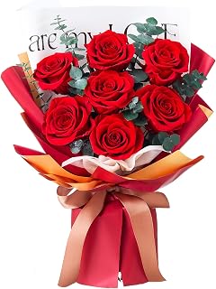 Mosstory Roses Bouquet 7-Piece Forever Flowers Bouquet Gift for Her Women Wife Mothers Anniversary Birthday Wedding (Red Roses)
