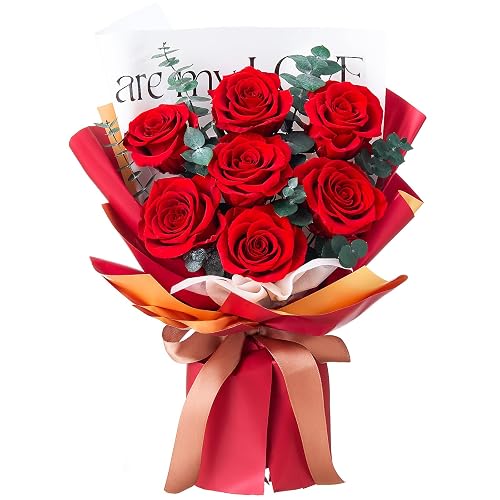 Mosstory Preserved Flowers Bouquet 7 Roses Bouquet Flowers Fresh Bouquet Flower Preserved Gift for Her Anniversary Birthday Valentine's Day Mother's Day Wedding (Red Roses, Red Paper) - Red