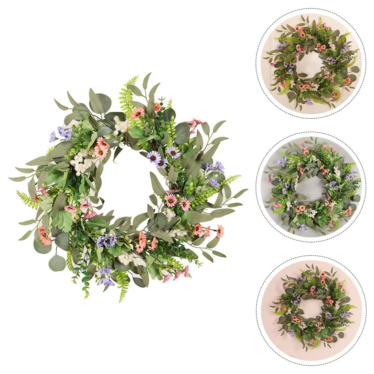 Künstlicher Eleganter Hängender Gänseblümchenkranz Sommerkranz mit Eukalyptus und Gänseblümchen aus Seidenblumen Dekorative Gartenkranz für Abschluss Geschenk und Sommerfest