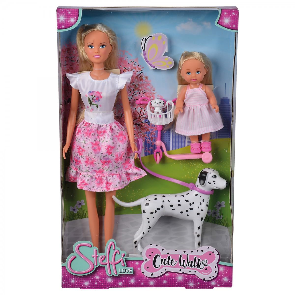 Simba 105733605 Steffi Love Cute Walk with Two Dalmatians with Scooter for Evi, 12 cm and 29 cm Toy Dolls, from 3 Years