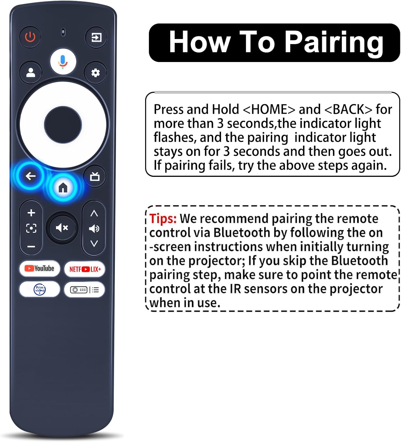 Replacement Remote Control Compatible with AURZEN Boom Mini Projector EAZZE D1G, for GooDee GD500 4K UHD Smart Projector, for HAPPRUN Google TV Projector（Supports Bluetooth and Infrared Pairing）