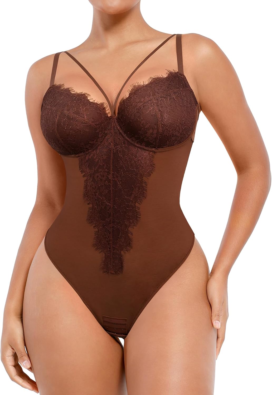 SHAPELLX Womens Lace Bodysuit for Large Bust Tummy Control Shapewear Backless Corset Top V Neck Thong Body Suits Shaper