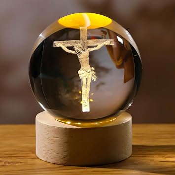 Arikyrist 3D Crystal Cross Jesus Figurine Statue, 3D Jesus Nativity Scene Crystal Ball Night Light with Cross Decor, Laser Engraved Crucifix Easter Decoration Christian Catholic Religious Gifts