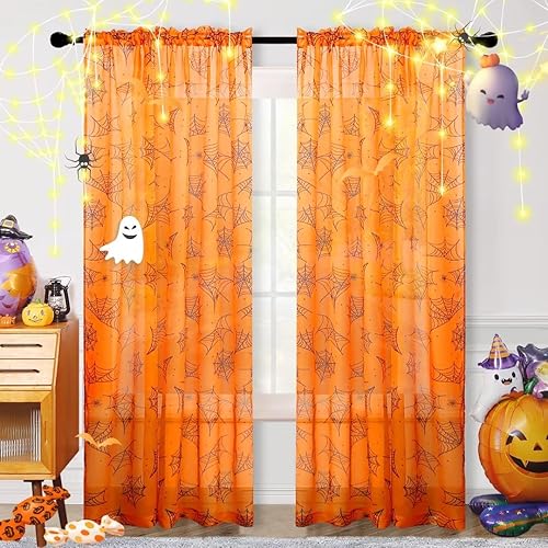 Miniatura 10 de Cortinas de Halloween para sala de estar, cortinas traslúcidas blancas de 84 pulgadas de largo, 2 paneles de decoración de Halloween para el hogar,