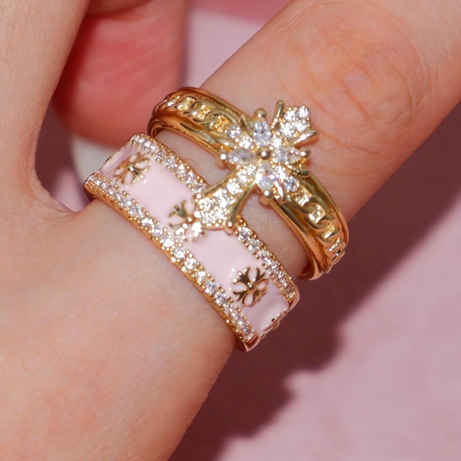Vintage Cross & Iris Flower Ring Set for Women, 2PCS 22K Gold Plated Enamel Band with Cubic Zirconia, Elegant Stackable Statement Rings for Daily Wear and Gift Giving