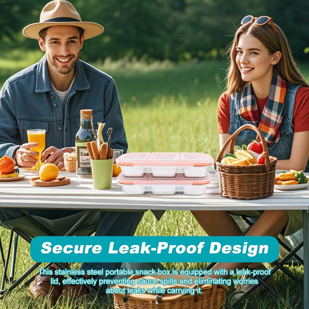 3Pack Stainless Steel Snack Containers, 2/3 Compartment Leakproof Bento Boxes with Lids, Reusable for Kids & Adults, Stackable, Dishwasher Safe(Sliver,Size:10.24inch) - Image 6