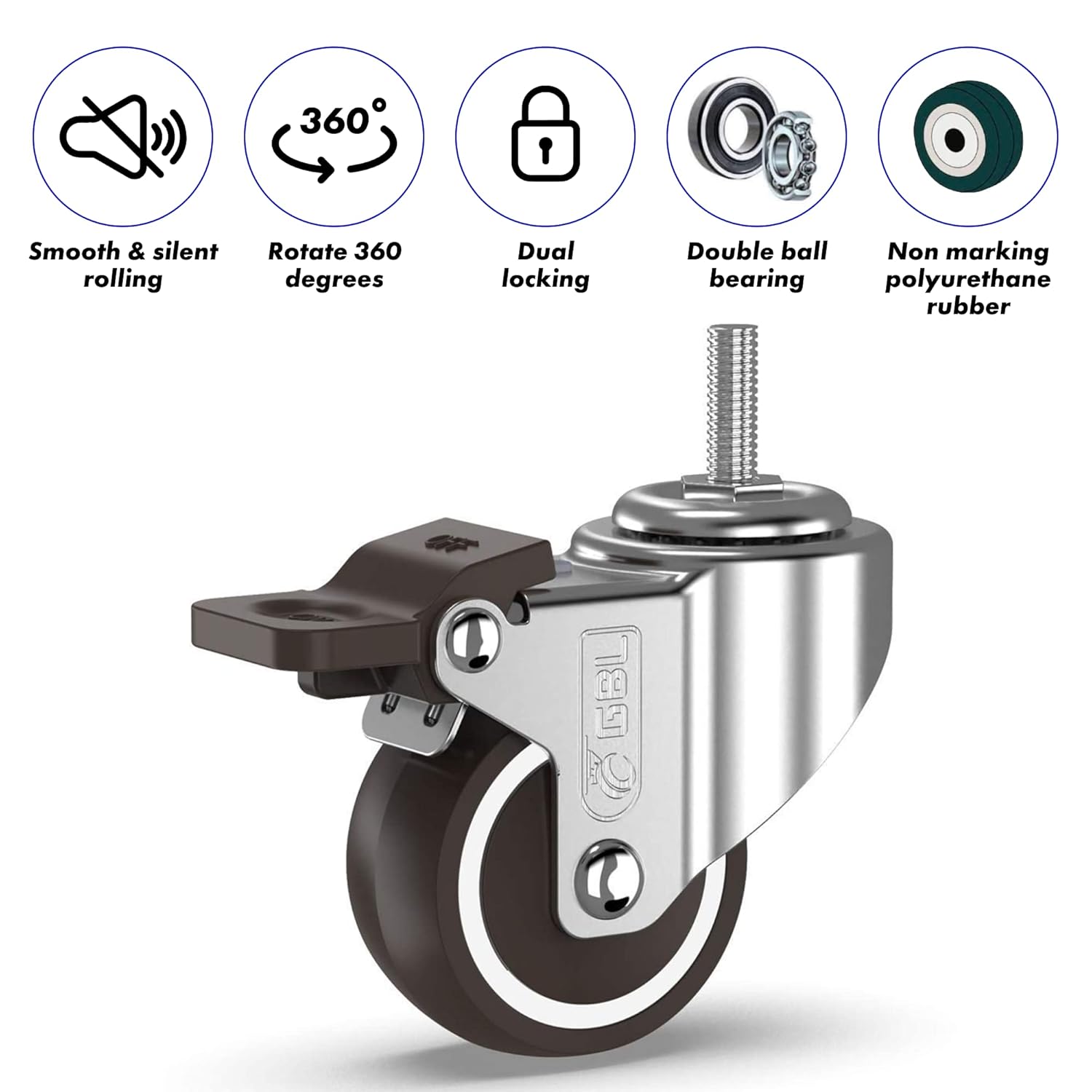 GBL 2" inch Small Caster Wheels with 4 Brakes - 3/8" -16 x 1 (Stem Dia. 3/8", Length 1") - 440Lbs - Low Profile Castor Wheels with Brakes - Set of 4 No Floor Marks Silent Casters - Mini Wheels