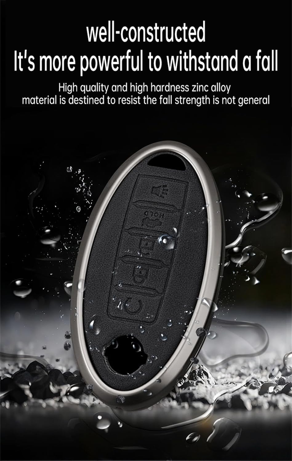 ontto 5-Button Key Shell with Keychain Metal and Leather Key Fob Cover Fit for Nissan Altima Rogue Sentra Pathfinder Frontier Maxima Titan Murano Kicks Juke Versa Armada GTR 370Z Leaf,Grey