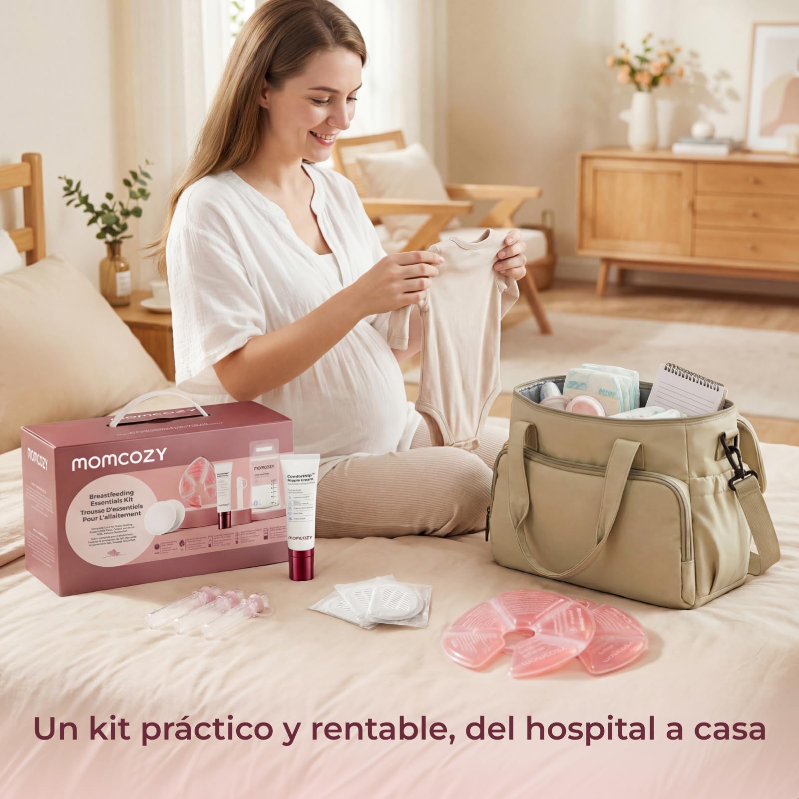 Momcozy Kit Posparto 73 Piezas para Lactancia, Neceser Bolsa Hospital Parto con Discos Absorbentes, Compresas Frío Calor, Crema Pezones, Recolectores Calostro y Bolsas Leche Materna