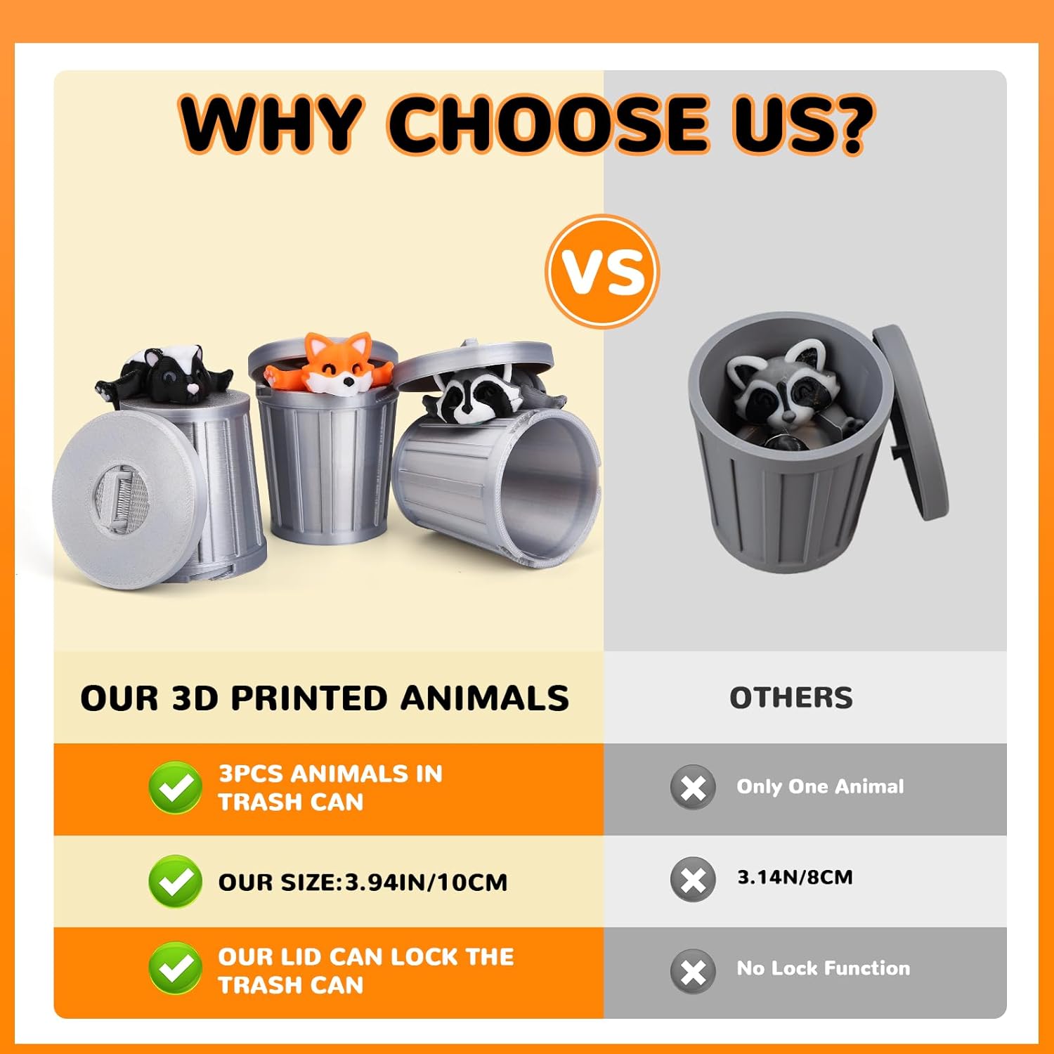 3PCS 3D Printed Raccoon, Fox, Skunk with Trash Can Set, 3.94In/10CM Mischievous Articulated Raccoon in a Trash Can, 3D Printed Fidget Toys for ADHD Autism, Cute Animal for Desk Decoration