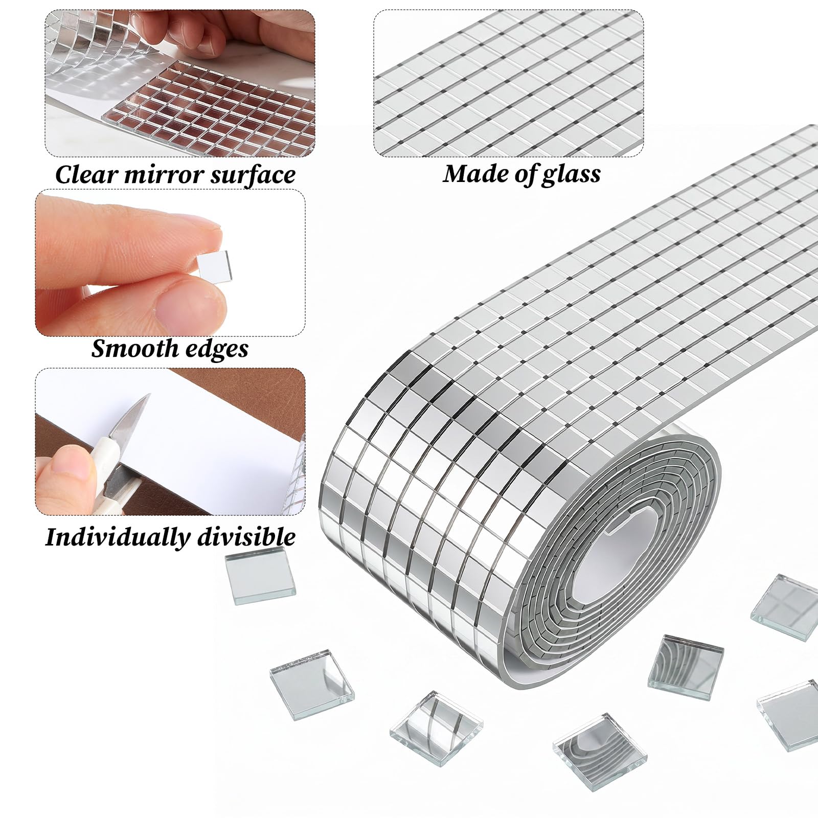 Lustro szklane 8000 sztuk samoprzylepnych płytek mozaikowych, 5 x 5 mm | Szklane lustro do samodzielnego wykonania, do dekoracji, samoprzylepne, 5 x 5 mm, kwadratowe, kula dyskotekowa, taśma klejąca