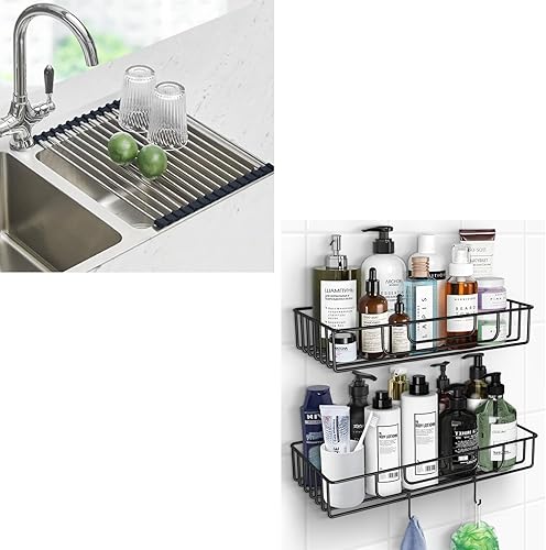 Escurridor de platos enrollable sobre el fregadero, escurridor de platos de cocina de 17.5 x 11.8 pulgadas y organizador de ducha adhesivo con